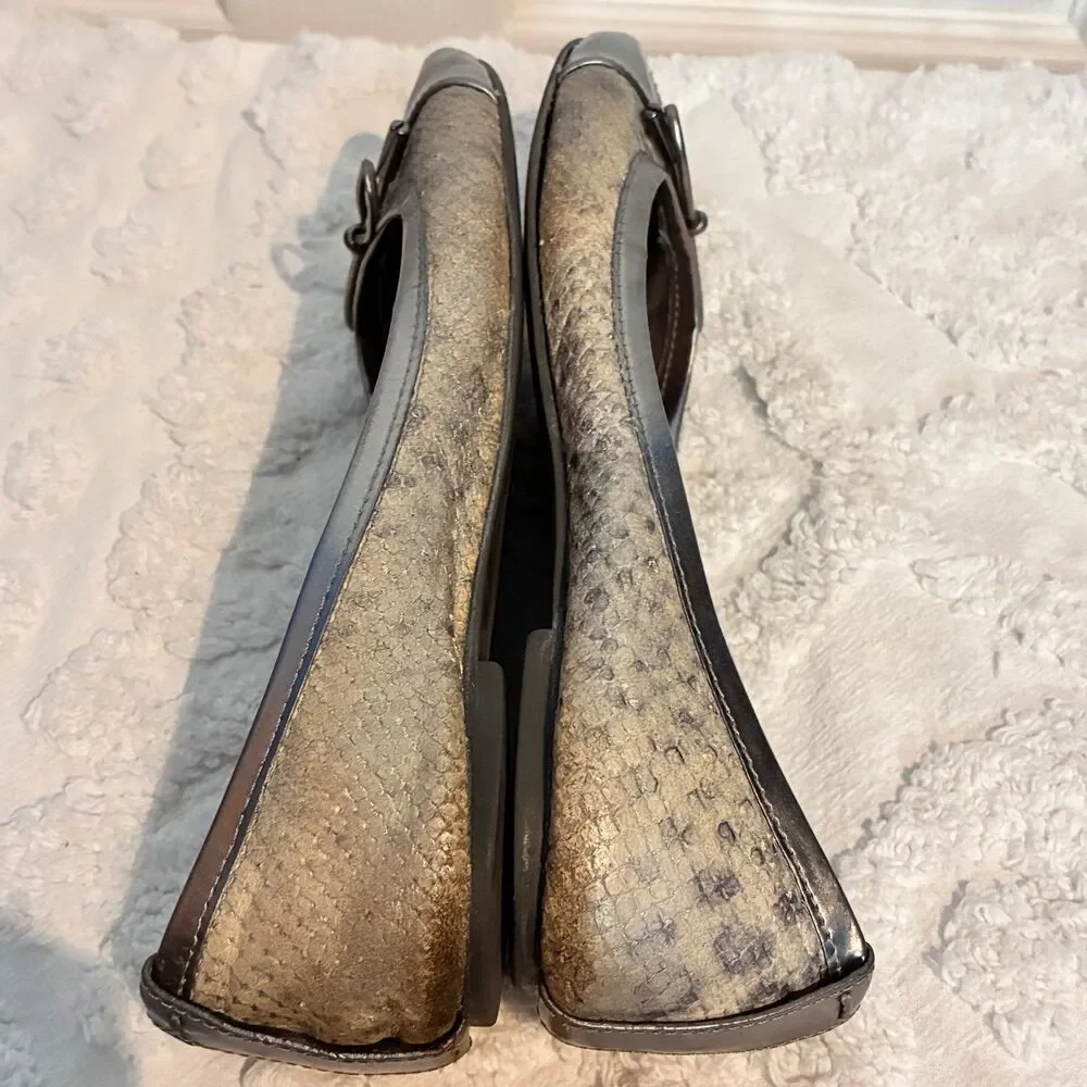 Tory Burch Silver Metallic Snakeskin Flat Shoes with Bow Size 6.5